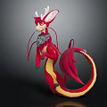 Fantasy Dragon Character Long Ears Red Body White Antlers Colorful Scarf Yellow Tail Standing Pose