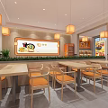 Modern Restaurant Interior With Service Counter Wooden Tables And Warm Pendant Lights