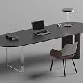 Modern Desk Chair Set With Black Oval Tabletop Metal Legs Laptop Books And Table Lamp
