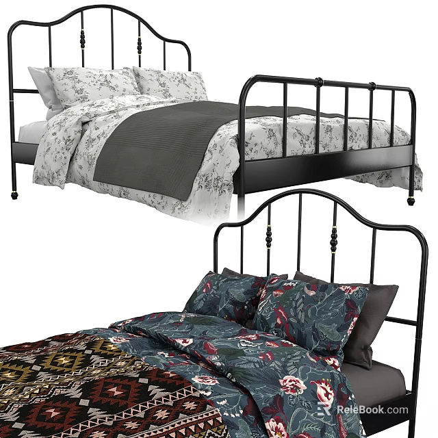 Modern Double Bed With Black Metal Frame Floral Quilt And Pillowcases 3d model 
