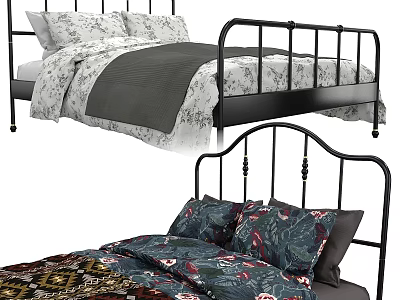 Modern Double Bed With Black Metal Frame Floral Quilt And Pillowcases 3d model