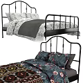 Modern Double Bed With Black Metal Frame Floral Quilt And Pillowcases