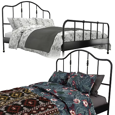 Modern Double Bed With Black Metal Frame Floral Quilt And Pillowcases 3d model