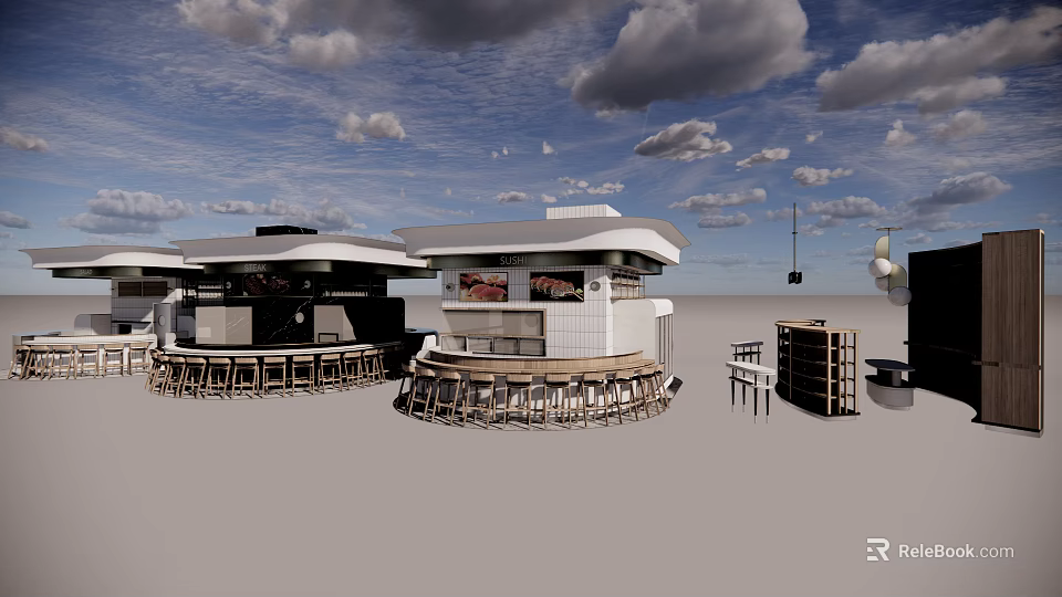 Outdoor Bar Setup With Round Counter Stools And Cloudy Sky Background 3d model 