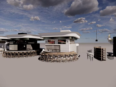 Outdoor Bar Setup With Round Counter Stools And Cloudy Sky Background 3d model