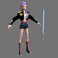 Woman with purple hair wearing black jacket white top shorts knee-high boots beside blue sword 3d model