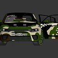 Green And White Camouflage Rally Car With Open Doors And Red Interior