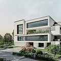 Modern Detached Villa With White Exterior Large Glass Windows And Landscaped Driveway