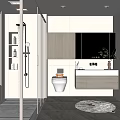 Modern Bathroom Interior With Light Wood Walls Glass Partition Vanity And Plant Decor