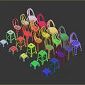 Small Colorful Plastic Chairs Arranged In White Red Yellow Green And Blue