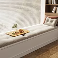 Cozy Bay Window Seat With Padded Cushion Wooden Tray Small Plant Pillows And Bookshelf