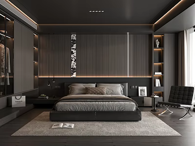 Modern Bedroom Interior With Wooden Slat Wall Linear Lighting Black Accent Chair And Gray Rug 3d model