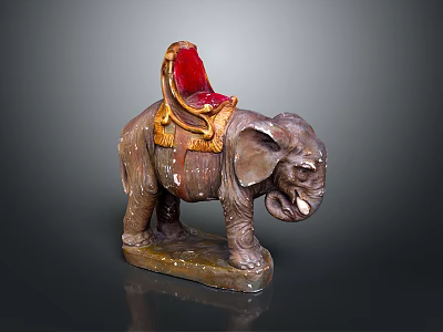 Brown Elephant Sculpture With Red Saddle And Golden Decorative Elements On Base 3d model