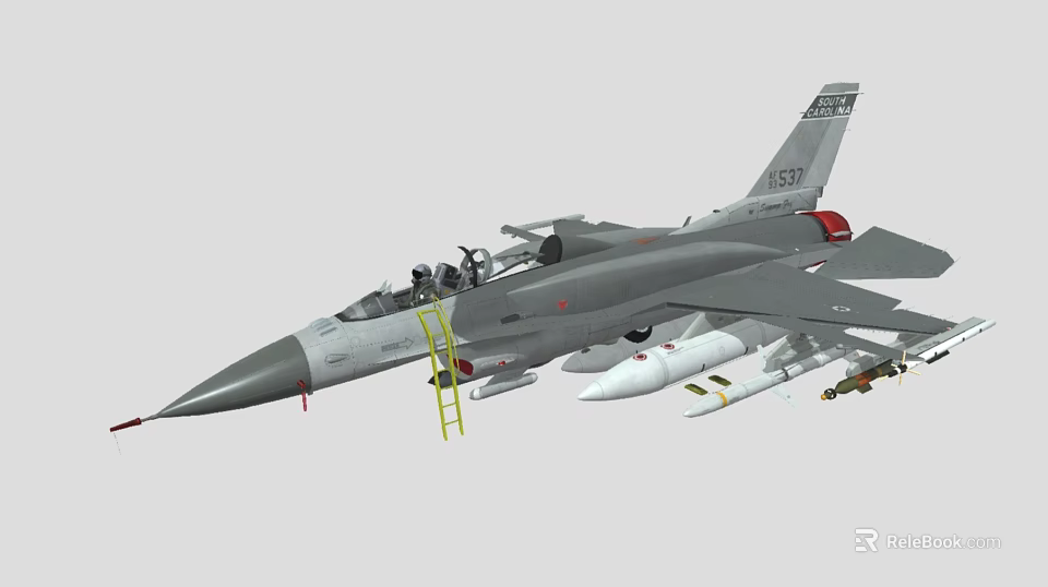 Gray Military Fighter Jet With Open Cockpit Yellow Ladder And Attached Missiles 3d model 