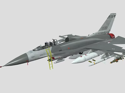 Gray Military Fighter Jet With Open Cockpit Yellow Ladder And Attached Missiles 3d model