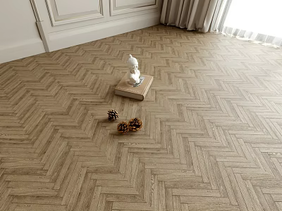 Herringbone Pattern Wooden Flooring In Interior With Sculpture Pine Cones 3d model