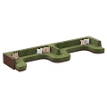 Green Velvet Sectional Sofa With Wooden Armrests And Tufted Design Throw Pillows