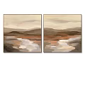 Abstract Landscape Painting With Rolling Mountains Soft Sky Warm Tones And Water Reflections
