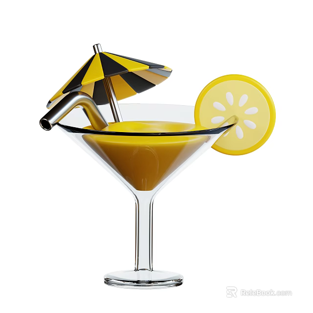 Refreshing Yellow Drink Served in Martini Glass with Lemon Slice Umbrella and Straw 3d model 