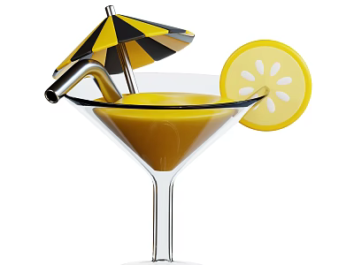 Refreshing Yellow Drink Served in Martini Glass with Lemon Slice Umbrella and Straw 3d model