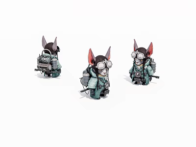 Three Game and Movie Cartoon Characters With Pointed Ears Goggles and Teal Gray Backpacks 3d model
