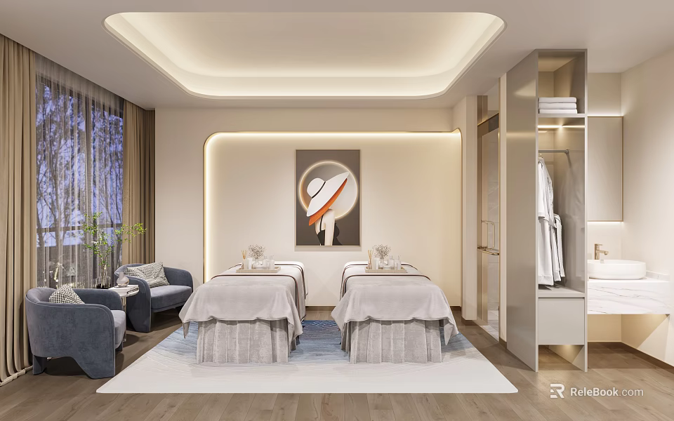 Elegant SPA Room With Massage Beds Sofas And Art Decor 3d model
