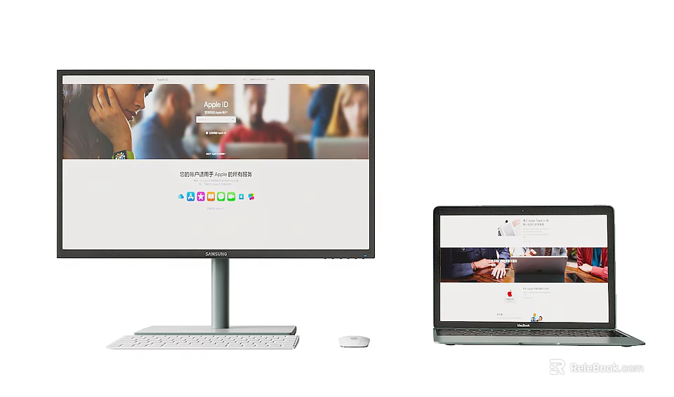 Desktop And Laptop Computers Displaying Video Conference With People And Colorful Icons 3d model 
