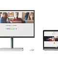 Desktop And Laptop Computers Displaying Video Conference With People And Colorful Icons