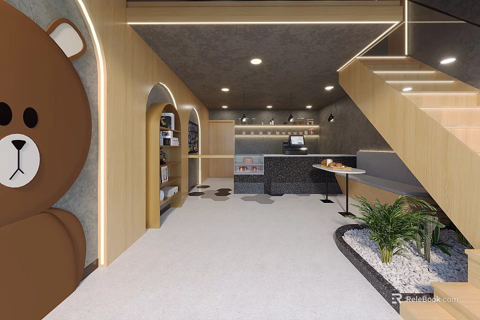 Elegant Modern Dessert Shop Interior With Bear Decor Green Plants And Wooden Counter 3d model 