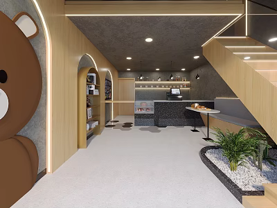 Elegant Modern Dessert Shop Interior With Bear Decor Green Plants And Wooden Counter 3d model