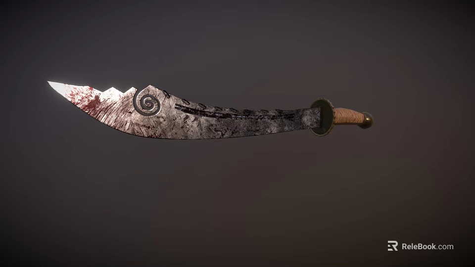 Ancient Bloodstained Bladed Weapon With Intricate Spiral Pattern And Wooden Handle 3d model 