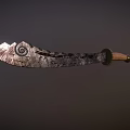 Ancient Bloodstained Bladed Weapon With Intricate Spiral Pattern And Wooden Handle