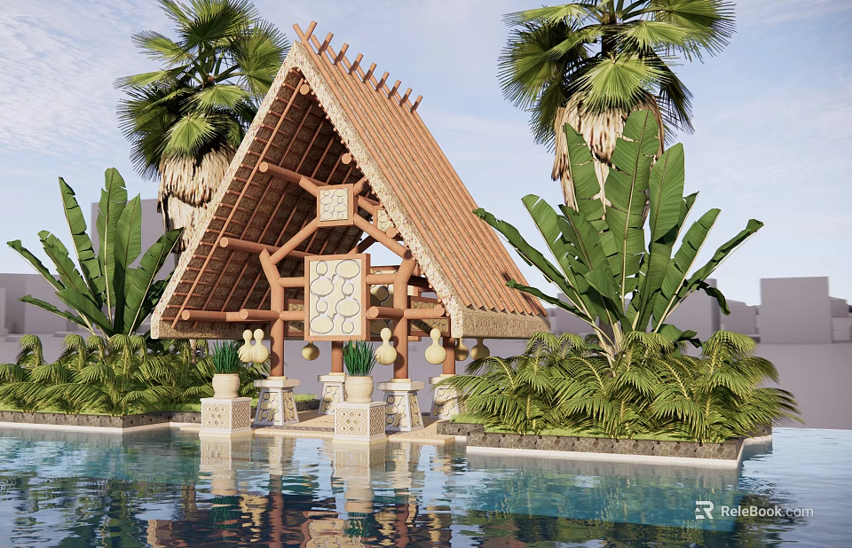 Tropical Thatched Roof Pavilion Over Pool With Palm Trees And Banana Plants 3d model 