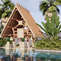 Tropical Thatched Roof Pavilion Over Pool With Palm Trees And Banana Plants