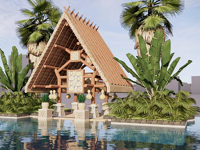 Tropical Thatched Roof Pavilion Over Pool With Palm Trees And Banana Plants 3d model