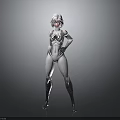 Futuristic Female Character With Silver Hair In White Bodysuit Standing Pose Gray Gradient Background