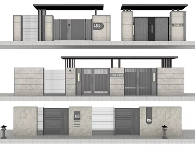 Modern Entrance Gate Design With Stone Walls Canopy And Number Plates 3d model