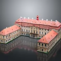 Historic Building Scenery with Red Roofs White Walls Symmetrical Architecture and Tower Reflection