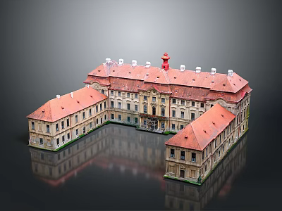 Historic Building Scenery with Red Roofs White Walls Symmetrical Architecture and Tower Reflection 3d model
