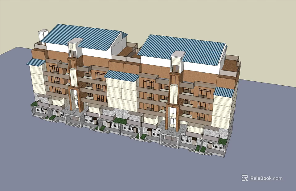 Multi Story Townhouse Complex With Blue Roofs Beige Brown Exteriors Balconies And Ground Floor Gardens 3d model 