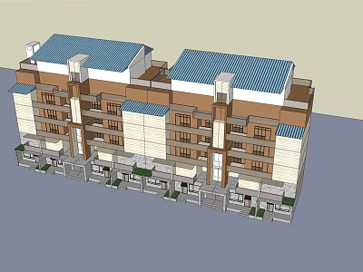Multi Story Townhouse Complex With Blue Roofs Beige Brown Exteriors Balconies And Ground Floor Gardens 3d model