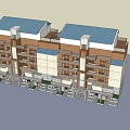 Multi Story Townhouse Complex With Blue Roofs Beige Brown Exteriors Balconies And Ground Floor Gardens