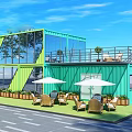 Modern Container Office With Green Blue Exterior Large Windows Terrace Outdoor Seating And Plants