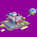Cartoon Retro Game Center Scene With Building Globe Traffic Light And Trees