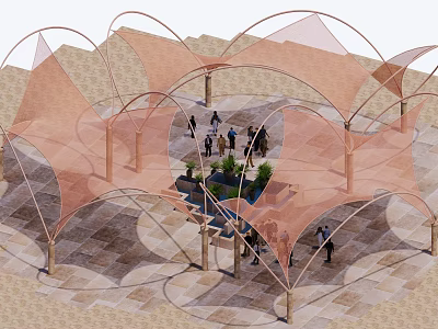 Tensile Membrane Canopies Over Outdoor Plaza With People Greenery And Water Feature 3d model
