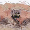 Tensile Membrane Canopies Over Outdoor Plaza With People Greenery And Water Feature