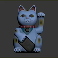 Lucky Cat Decorative Figurine Set in Blue with Red Collar Holding Fortune Sign