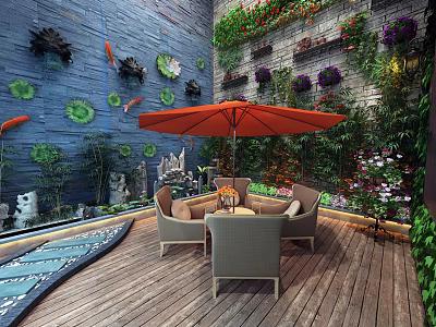 Outdoor Feature Wall With Blue Surface Fish Decorations Green Plant Wall Wooden Deck Orange Umbrella 3d model