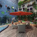 Outdoor Feature Wall With Blue Surface Fish Decorations Green Plant Wall Wooden Deck Orange Umbrella