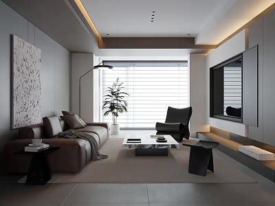 Modern Luxury Living Room Interior With Brown Sofa Coffee Table Floor Lamp And Green Plant 3d model